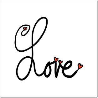Black Cursive Written Word Love with Red Hearts Posters and Art